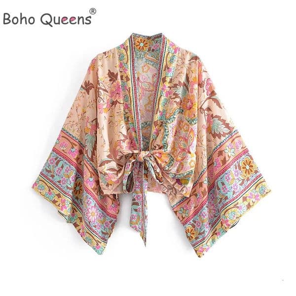 Boho Queens Vintage Floral Print Sashes Short Kimono Women Fashion V Neck Batwing Sleeves Ladies Beach Robe Cover-ups 260331