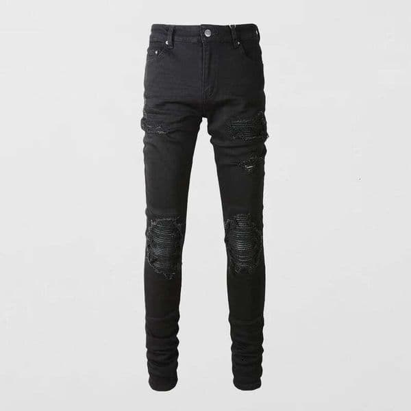 Hombre.High street fashion new men's washed nostalgic elastic slim fit perforated patch black jeans designer pants Y2K S260331