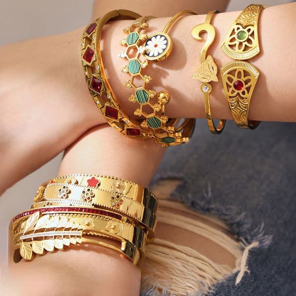 Diamond Colorful Geometric Open-Cuff Mix-and-Match Bracelet Set 18K Gold-Plated Designer Jewelry
