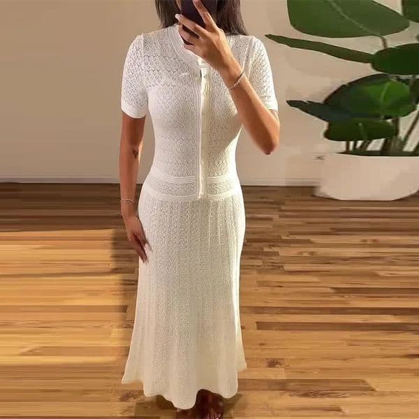 2026 Summer Womens Knitted Casual Simple Pure White Dress Bandage Long Dresses 260331