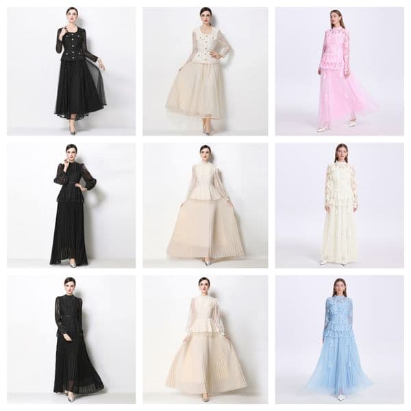 Fashionable retro new slim fit and slimming square neck lace patchwork mid length skirt