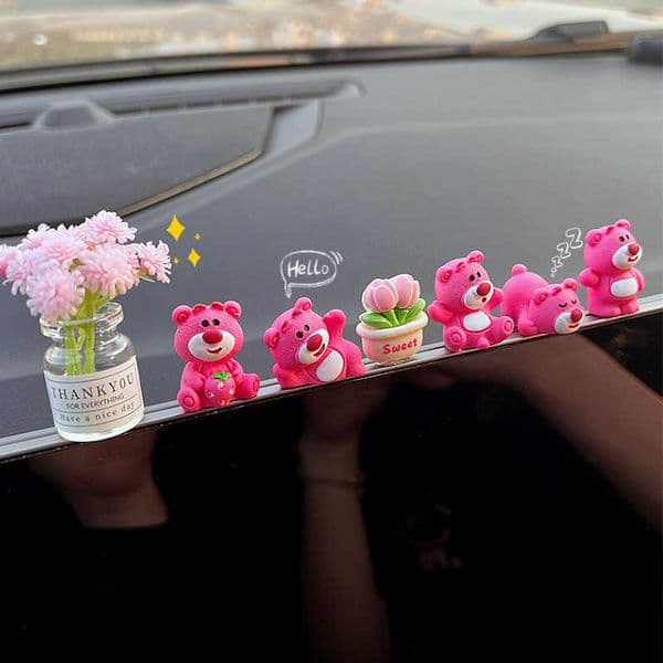 Car Ornament Cute Strawberry Bear Dashboard Screen Stress Relief Doll Car Interior Decoration 2025 New Trendy Decoration S2641