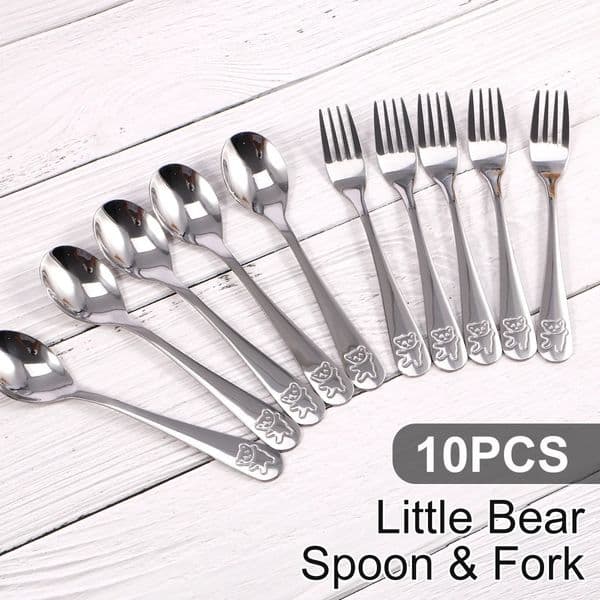 10Pcs Kids Spoon Fork Set Stainless Steel Toddler Utensils Cute Cartoon Bear Kids Flatware Dishwasher Safe for Children Toddler 260324BJ