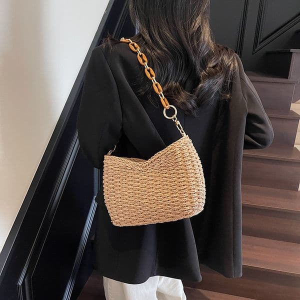 Knitted Chain Shoulder Handbag with Simple Zipper for Women