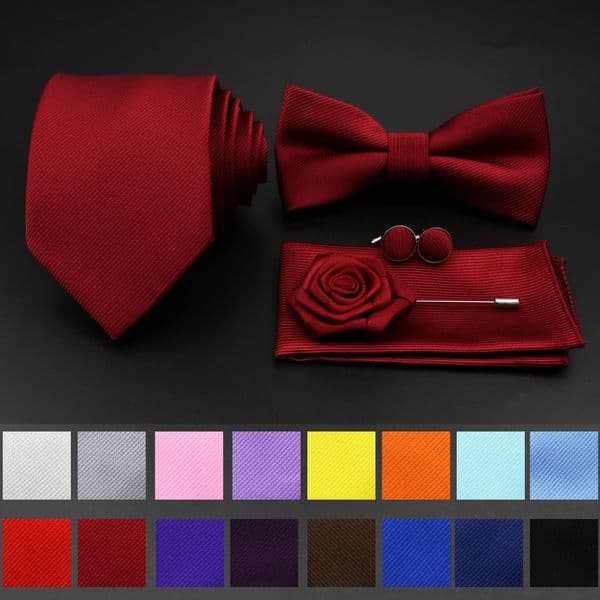 Red Blue Tie Set Polyester Slim Striped Necktie Bowtie Cufflink Brooch For Groom Suit Wedding Cravat Shirt Accessory 260331