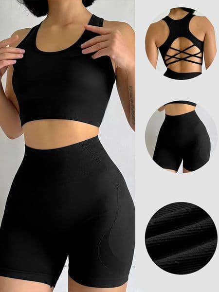 Designer Seamless Yoga Outfit, Women's 2-Piece Tank Top & Shorts Workout Set, Quick Dry Sports Running Tracksuit with Built-in Bra