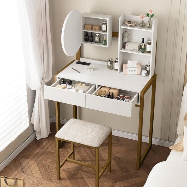 Compact Makeup Vanity Desk with Mirror and Lights Makeup Vanity Table with LED Mirror 3 Lighting Modes Power Outlet Drawer Open Shelves and Cushioned Stool