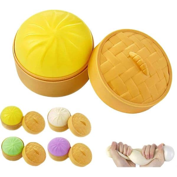 Dumpling Squishies,Dumplings Toy,Dumplings Stress Fidget Sensory Balls with Food Steamer,Easter Gift,Birthday Gift Colorful-Yellow e71