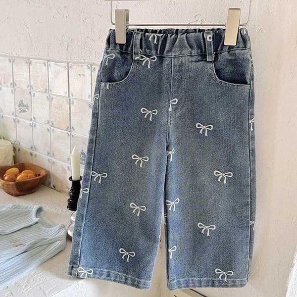 Girls Spring Autumn Jeans New Children Fashion Print Bow Loose Pants Kids Trends Wide Leg Trousers Baby Casual Baggy ClothingT260401