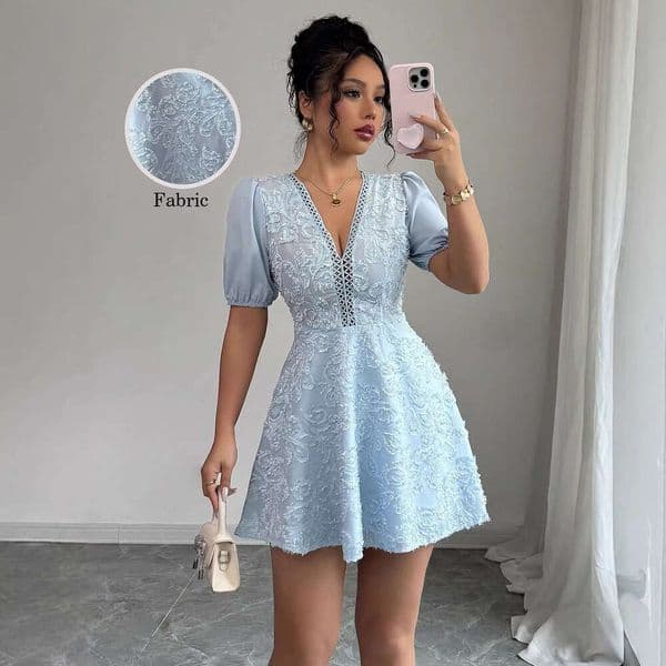 2026 Summer New European and f23 American French Puff Sleeve Short Sleeve V-neck Jacquard High Waist A-line Women's Dress