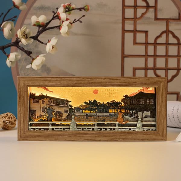 Garden 3D Light Shadow Wooden Carving Lamp, Creative Travel Souvenir, Office Desk Decor Night Light