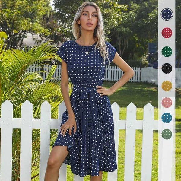 Summer Dresses For Women High Waist Midi Elegant Pleated Polka Dots Office Lady Dinner Party Vacation Dress Female Clothing Robe L260401