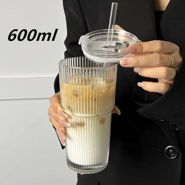 1Pcs 600ml Heat Resistant Glass Cup With Lid and Straw Transparent Milk Tea Juice Cups Coffee Mug For Home Bar Drinkware 26L0401