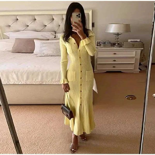 Elegant Knit Ribbed Single Breasted Long Dress Women Slim Lapel Flare Slve Pockets Female Dresses Autumn Lady Solid Robes L260401