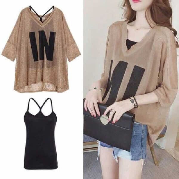 Women Half Slve Loose T-Shirts V-Neck Summer Causal Letter Print Crops Tops Pullovers Ts Strtwear Y2K 2pcs T ShirtTank W260331