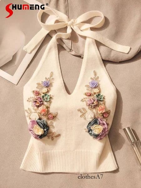 Trendy Print Suspenders Flower Beautiful Back Women's 2025 Summer New Vests Slim-fitting Design Short Style Chic Tops Luma hop