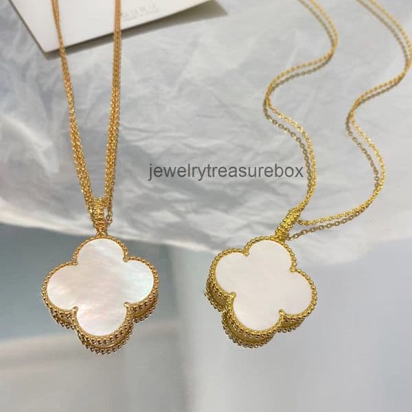 Designer Jewelry vanly cleeff necklace Four-leaf Clover White Mother-of-Pearl Sweater Chain Necklace for Women with Black Agate Pendant and Laser Carved Design
