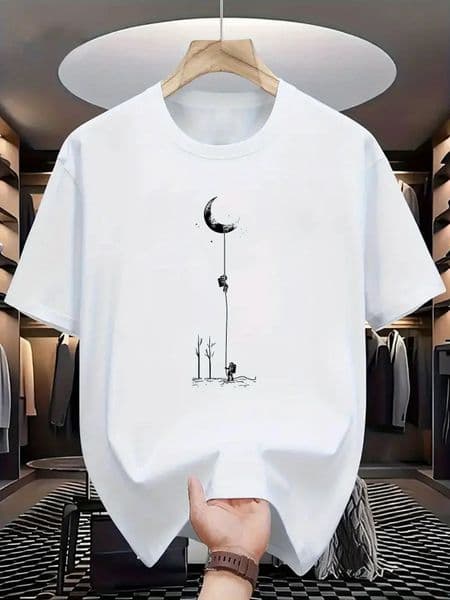 Summer mens 100 pure cotton casual loose fit plus size moon landing pattern printed round neck short sleeved Tshirt top 260331