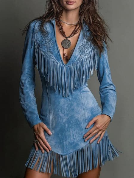 Sexy Vintage Western Print Mini Dress Deep V Neck Long Sleeve with Chic Strappy Detail Soft Chamois Party 260331