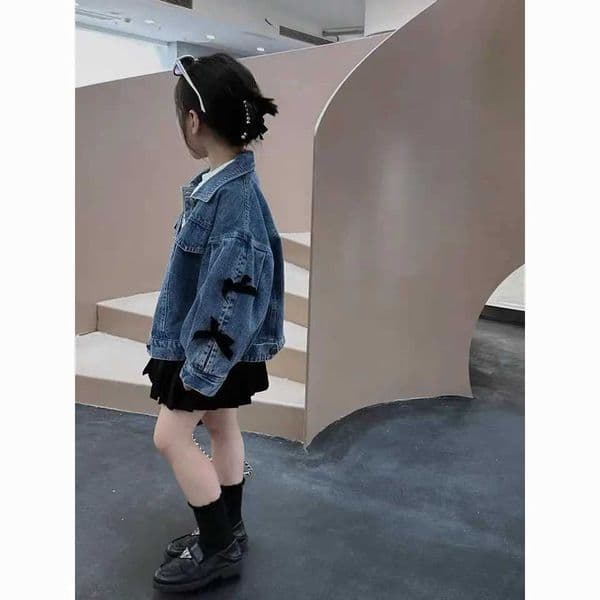 Baby Girls Coats Jeans Fashion Bowknot Casual Jacket 2024 Autumn New Korean Style Childrens CoatsT260401