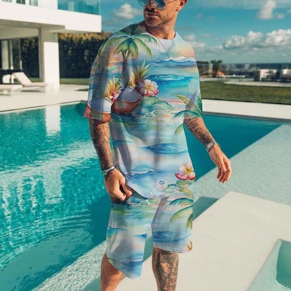 Mens Hawaiian Full Print Suit Casual Tshirt Beach Pants Daily Stylish Men Shortsleeve Top Tees Short Two Set 260401