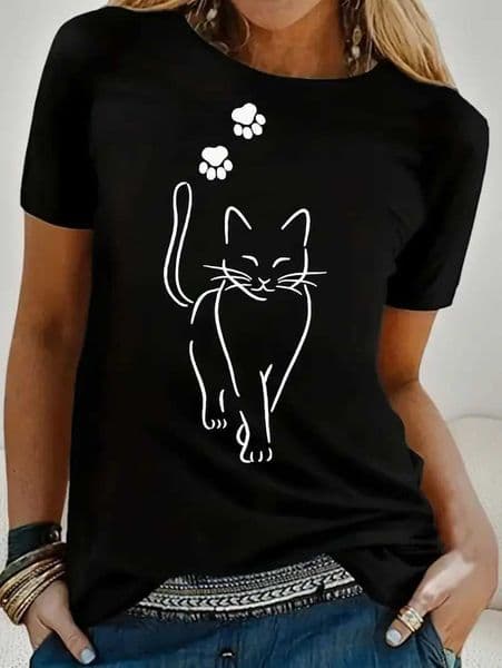 Whimsical Cat Print T Shirt Cat Women Kawaii T-shirt Girl Casual Short Slve O Neck Top Summer Female Animal Clothing Tshirt W260331