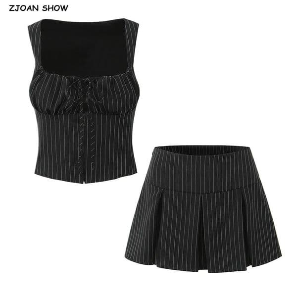 Black Striped Bow Ruched Chest Hook Buttons Crop Top Women Low Waist Package Hips Pleated Mini Skirt Suits 2 pieces 1 Set 260402