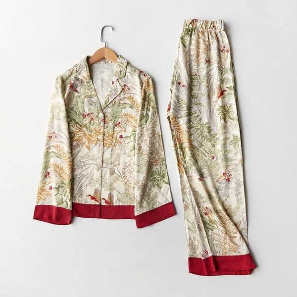 Spring New Casual Long Sleeve Satin Pajama Set Green Grass Printing Sleepwear Loungewear Women Turn-down Collar Pijama Mujer