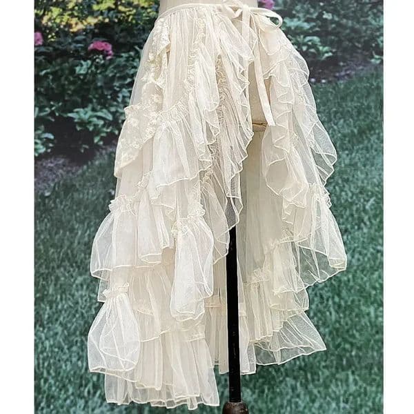 Double Layered Lolita Waist Curtain Sheer Cover Up High Low Skirt w Asymmetrical Ruffles 260402BJ