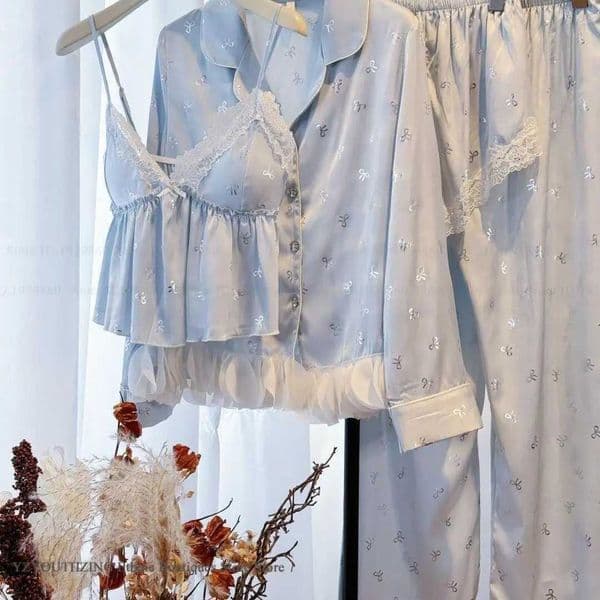 Women Sleepwear Pajamas Four Piece Suit Sweet Cute Long Sleeve Trouser Strap TopShorts Suit Satin Homewear Loungewear Lingerie