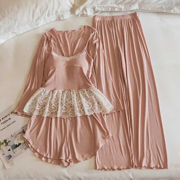 Casual Modal Pajamas For Women Korean Lace 4 Pieces Set Long Sleeve Autumn Winter Home Clothes Ladies Sleepwear Pijama Mujer