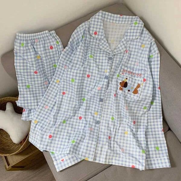 Cartoon Dog Letter Plaid Print Pajama Sets for Women Plus Size Sweet Cute Harajuku Style 2PC Set Sleepwear Autumn New Homewear