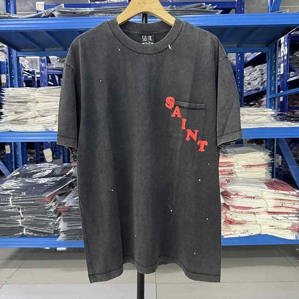 Vintage Casual Saint Pocket T-shirt Red Letter Print Oversized T Shirt Men Clothing H260402