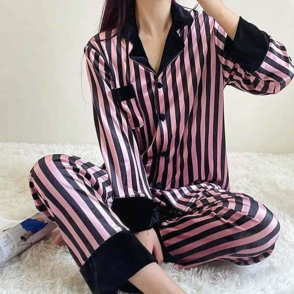 Sexy Nightwear Womens Autumn Winter Long-Sleeved Fashion Senior Sense Temperament Ladies Homewear Suit Striped Cardigan Lapel