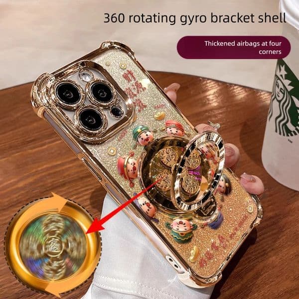 Designer Luxury 360 Rotating Fidget Spinner Phone Case Premium Gold Glitter Lucky God Pattern Shockproof Cover With Stand High-end Case For Applicable To Iphone