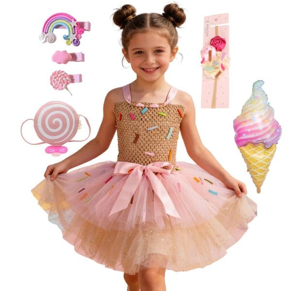 Sweet Ice Cream Candy-Themed Girls Dress for Kids Birthday Carnival Party Rainbow Tutu Childrens Costume Wedding Outfits 260401