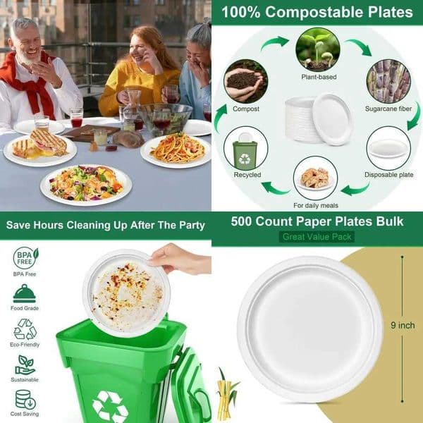 9 Inch Bulk Paper Plates - 500 Pack Heavy Duty Compostable White Eco-Friendly Biodegradable Sugarcane Disposable Plates X260402