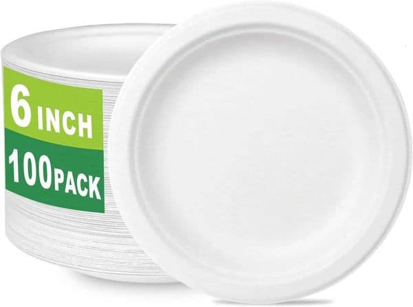 6-Inch Biodegradable Dessert Plates 100 Count Heavy-Duty Sugarcane/Bagasse and Bamboo Fiber Disposable Paper Plates X260402