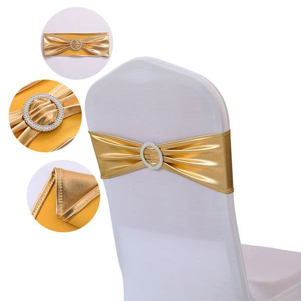 10pcs Metallic Gold Silver Stretch Spandex Chair Sash Band Elastic Wedding Chair Bow Tie For Hotel Banquet Decoration