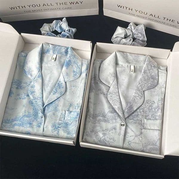 Autumn Winter New Ice Silk Womens Home Clothes Lapel Button Cardigan 2 Piece Outfit Set Women Senior Printing Pajamas for Women L260402