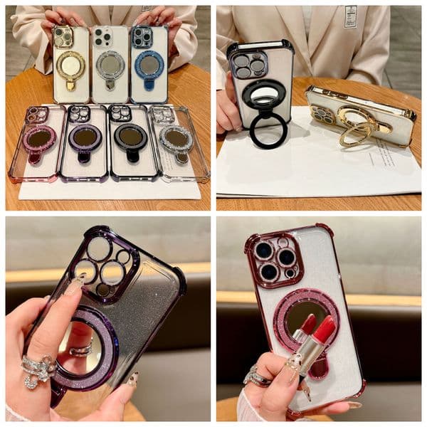 Bling Mirror Magnetic Wireless Charging Cases For Iphone 17 Air 16 Pro Max 15 14 Plus 13 12 11 Glitter Fine Hole Camera Lens Diamond Soft TPU Plating Chromed Holder Cover