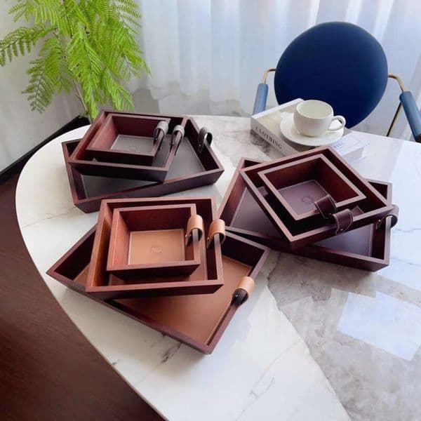 Black Walnut Solid Wood Three-Piece Box Set with Stackable Jewelry High-End Genuine Leather Desktop Storage Tray