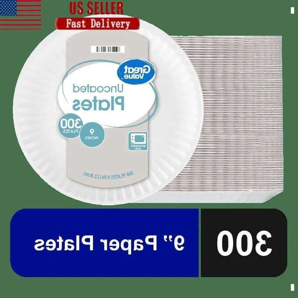 Uncoated Paper Plates Disposable 9 Inch Round Microwave Safe Leak Resistant 300 Count Strong Durable Ideal Parties Events X260402