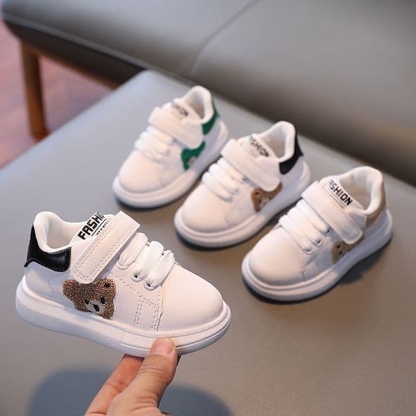 Fashion Kids Cute Back to School Bear Sneakers Children White Non Slip Casual Hook Loop Shoes All-Season Comfort Free Shipping size 22-30