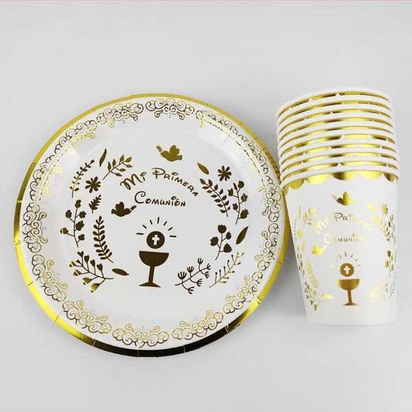20pcs Bronzing Mi Primera Comunin 7 Inch Paper Plate and 250ml Paper Cup For Spain Kids Communion Party Disposable Dishware X260402