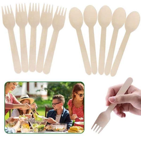 50pcs Disposable Wooden Fork Spoon Picnic Party Tableware Household Kitchen Dinner Supplies Dessert Cake Travel Portable TMZ X260402