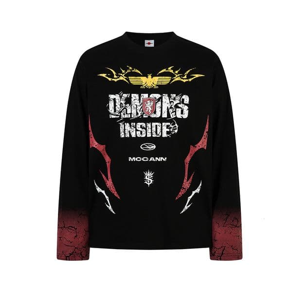 Men's Clothing 2026 Spring/Summer American Street Hip-Hop Trendy Brand Tee Motorcycle Dark Style Printed Long Sleeve T-Shirt