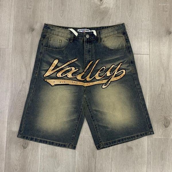 Men's Shorts Full Rhinestone Vintage Washed Baggy Jeans For Men Harajuku Letter Embroidery Brilliant Diamond Casual Denim