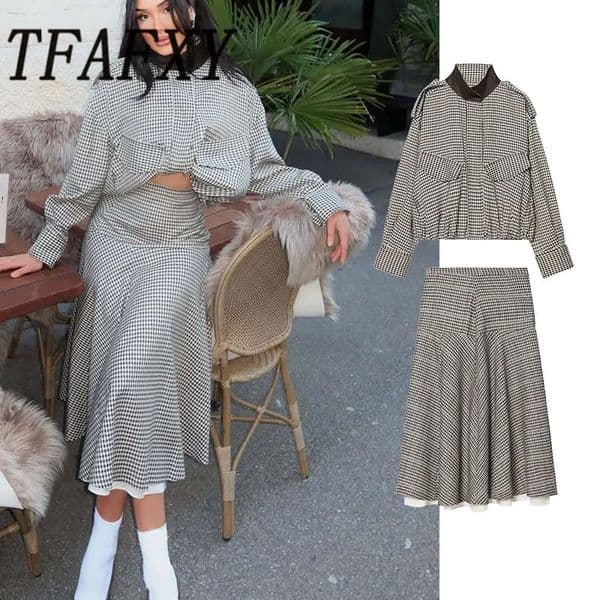 TFAFXY2026 Spring Casual Chic Women Checked Stand Collar Single Breasted Zipper Pockets Jacket Midi Skirt Fashion Street Set 260402
