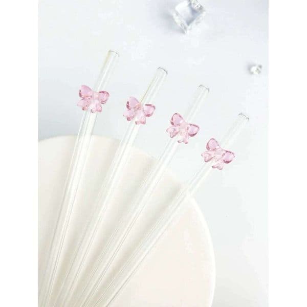 1/6PCS Cute Cartoon Pink Bowknot Straw,Bent Reusable Glass Straw, Smoothie,Milk,Tea,Juice,Cocktail And Cold Drink,friend